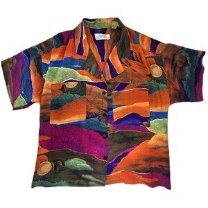 Vtg Linda Allard Ellen Tracy Sz M Womens Silk Shirt Saturated Color Abstract